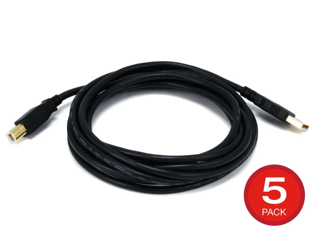 Monoprice USB Type-A to USB Type-B 2.0 Cable - 10ft - Black (5-Pack) 28/24AWG
