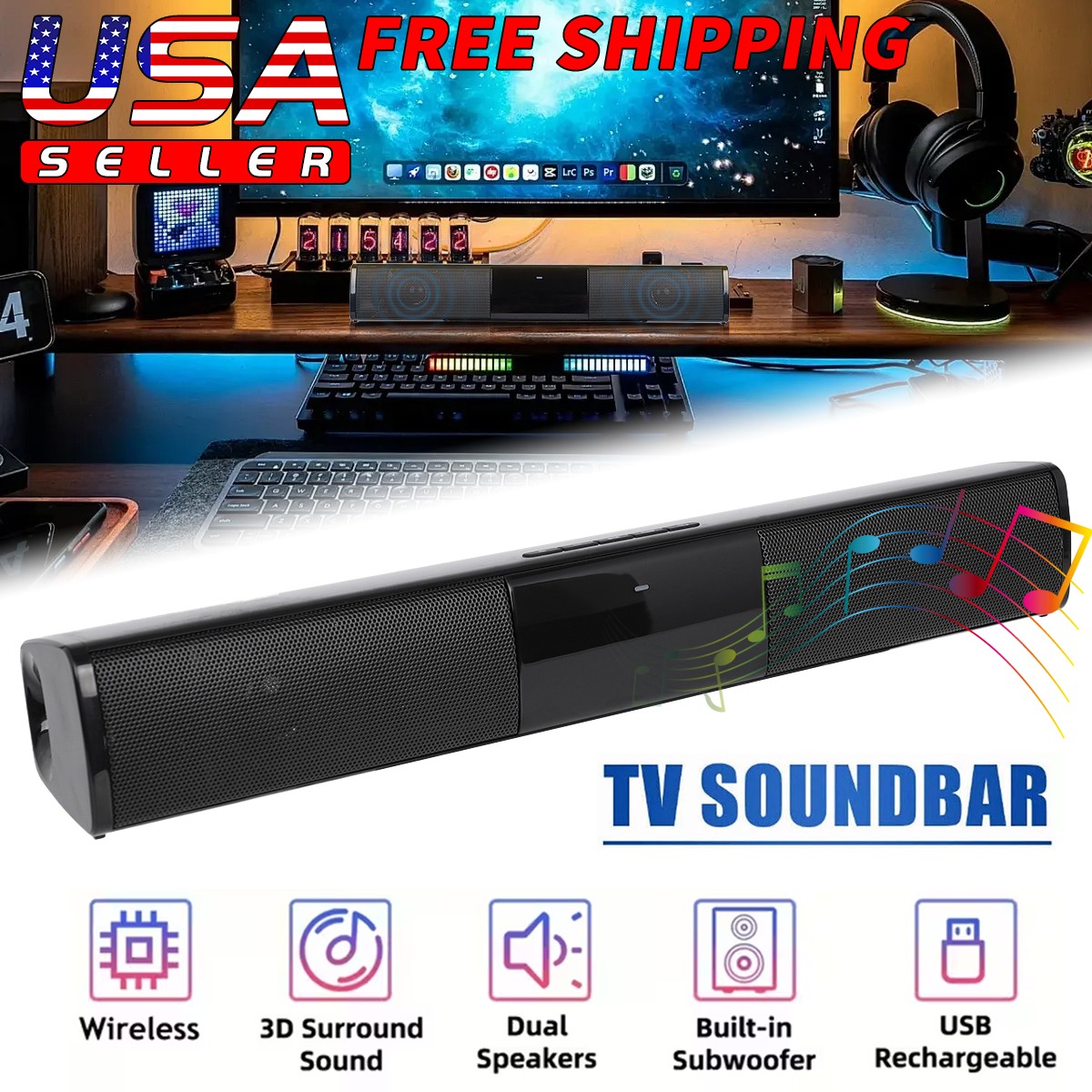 10W Wireless 2 Speaker Sound Bar Stereo Bass Subwoofer System TV Home Theater US