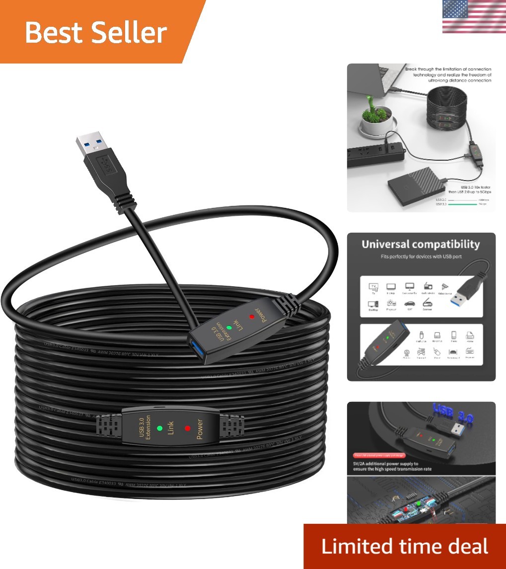 30ft USB 3.0 Extension Cable - Braided High-Speed Data Transfer for All Devices