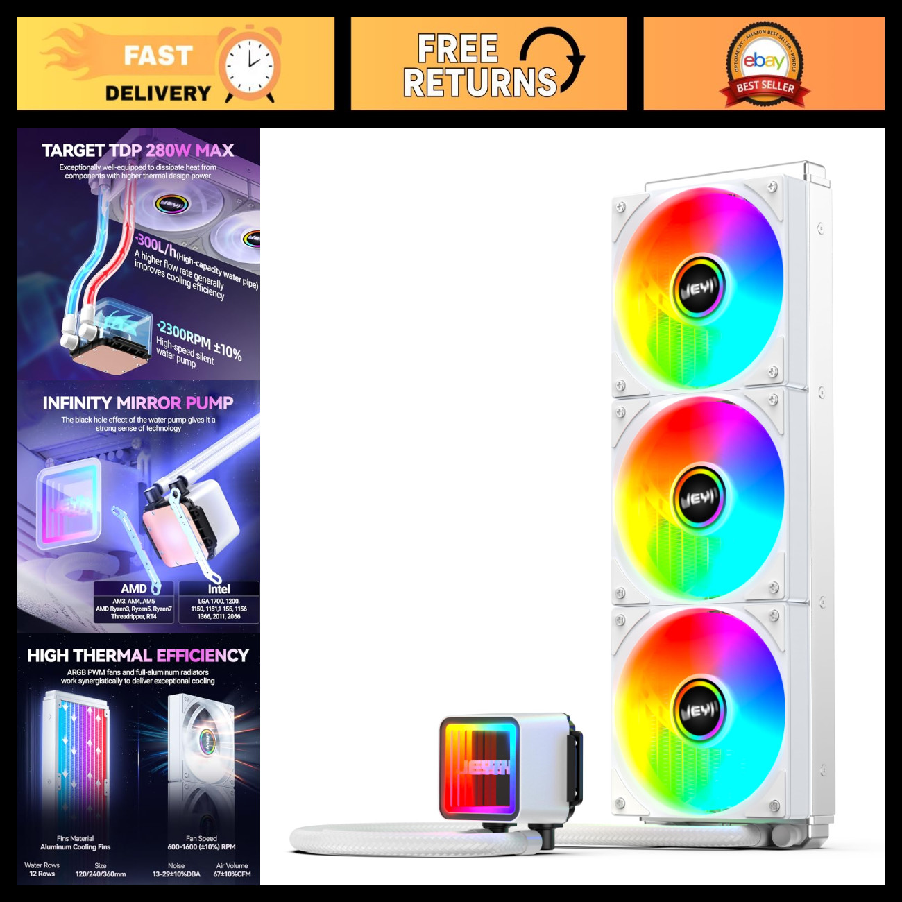 360mm AIO CPU Water Cooler, Liquid Cooling System, PWM Pump, AMD/Intel Compatibl