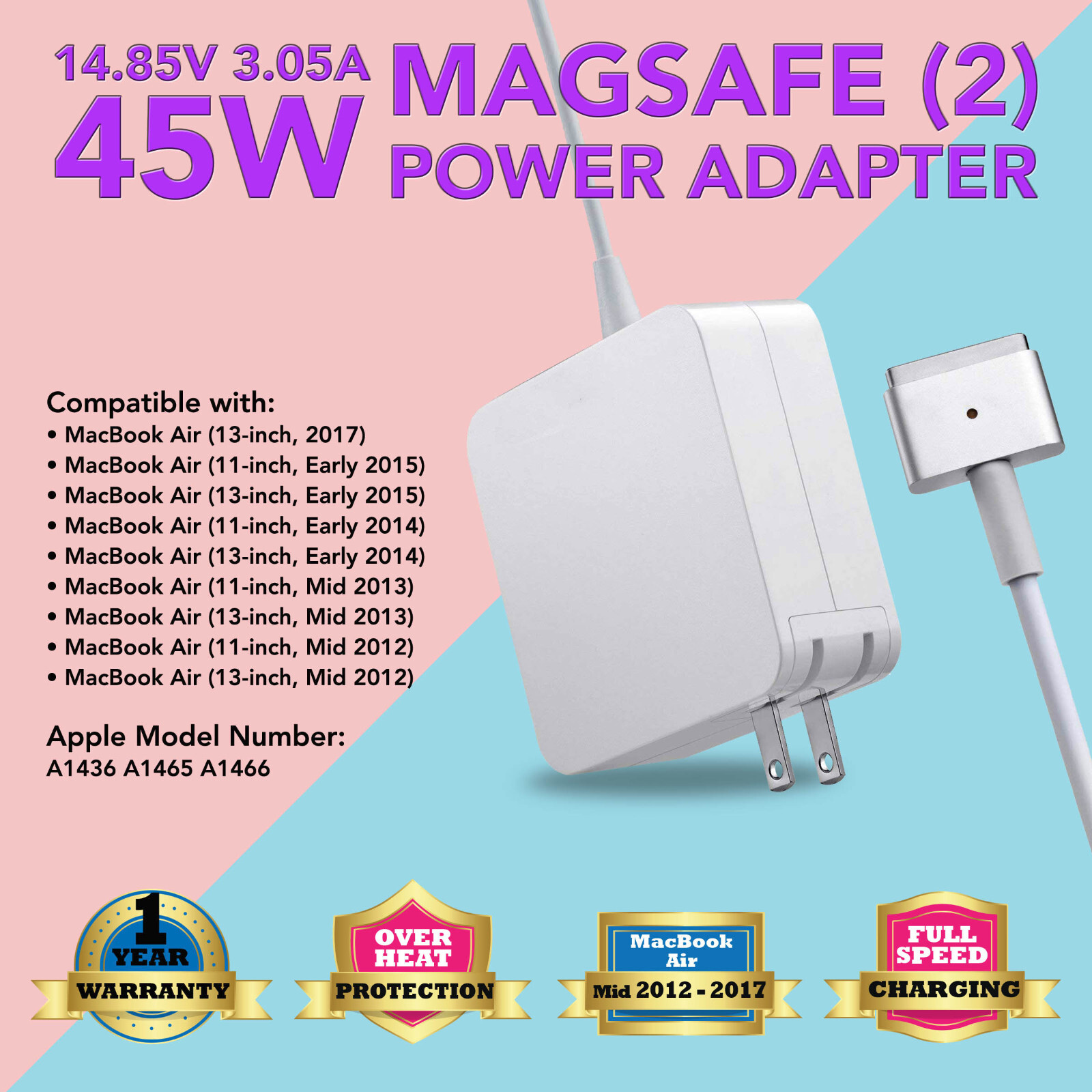45W AC Charger Power Adapter Cord for 2013-2015 Apple Macbook air 11" Magsafe 2