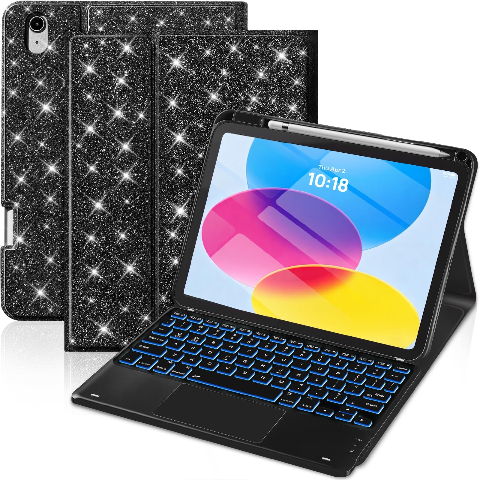 MERSATM for iPad A16 11th/10th Generation Case with Keyboard, Glitter Black