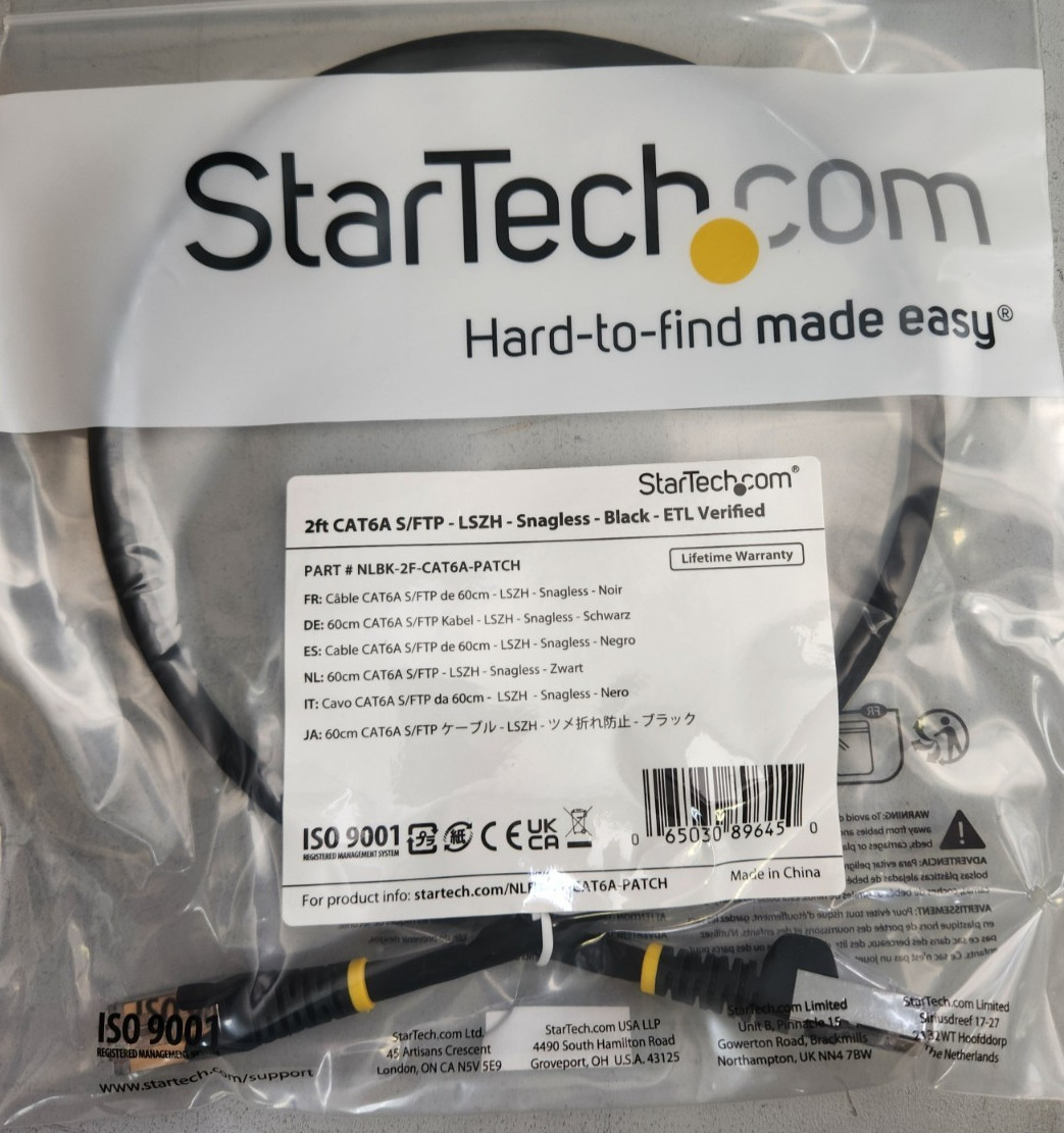 StarTech NLBK-2F-CAT6A  S/FTP 2 ft Ethernet Cable LSZH Snagless ETL Verified