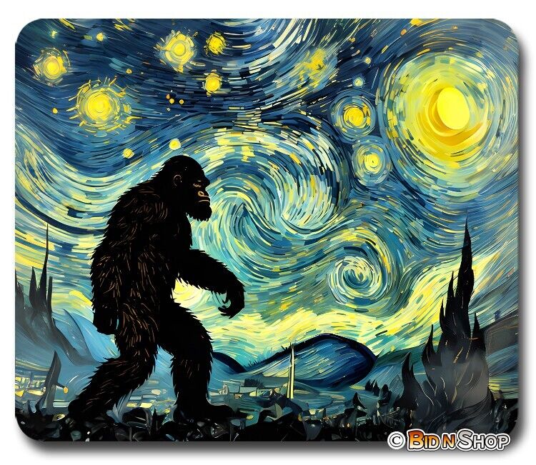 Van Gogh Starry Night & Bigfoot - Mouse Pad / PC Mousepad - Fun Art Meme GIFT