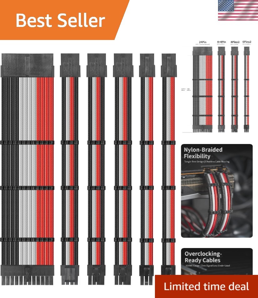 16 AWG PSU Cable Extension Kit - Custom Sleeved Power Supply Cables, 11.8 Inch