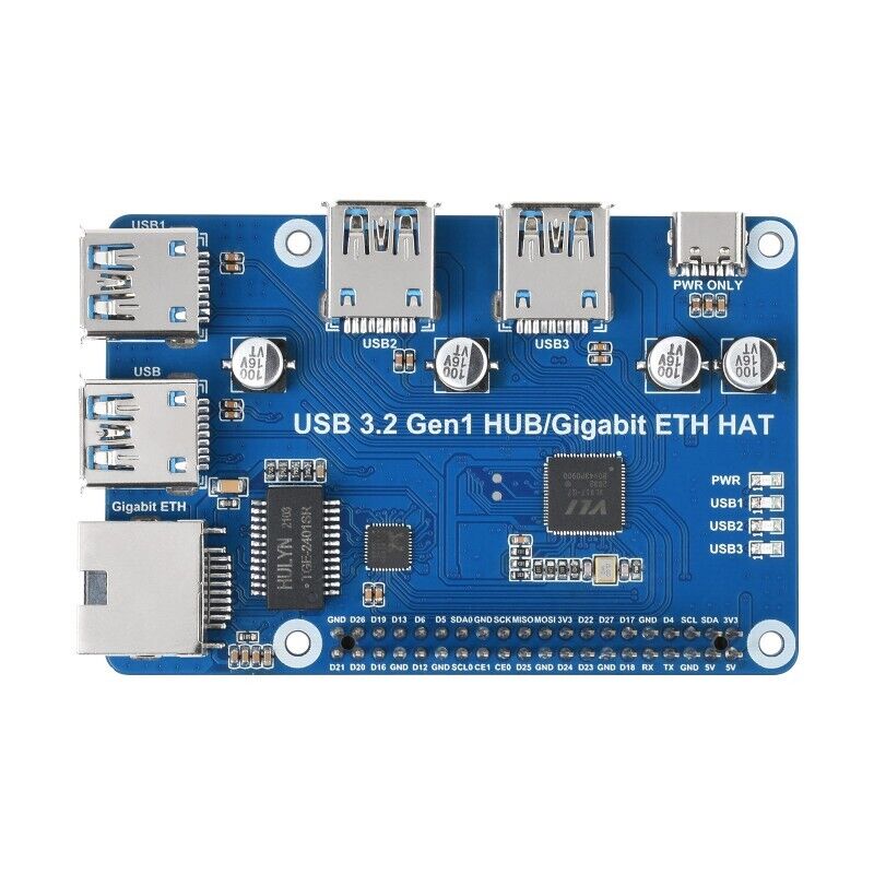 USB 3.2 Gen1 Gigabit Ethernet HUB HAT for Raspberry Pi 3xUSB Gigabit Driver-Free