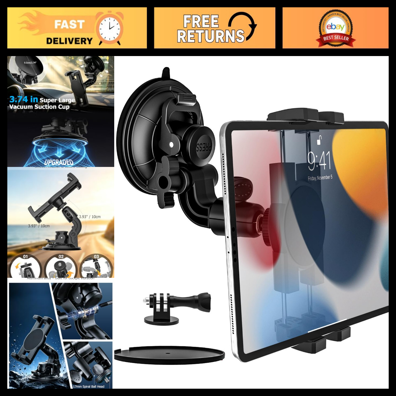 Heavy Duty Suction Cup Tablet Mount for Car Windshield - Universal Truck Holder
