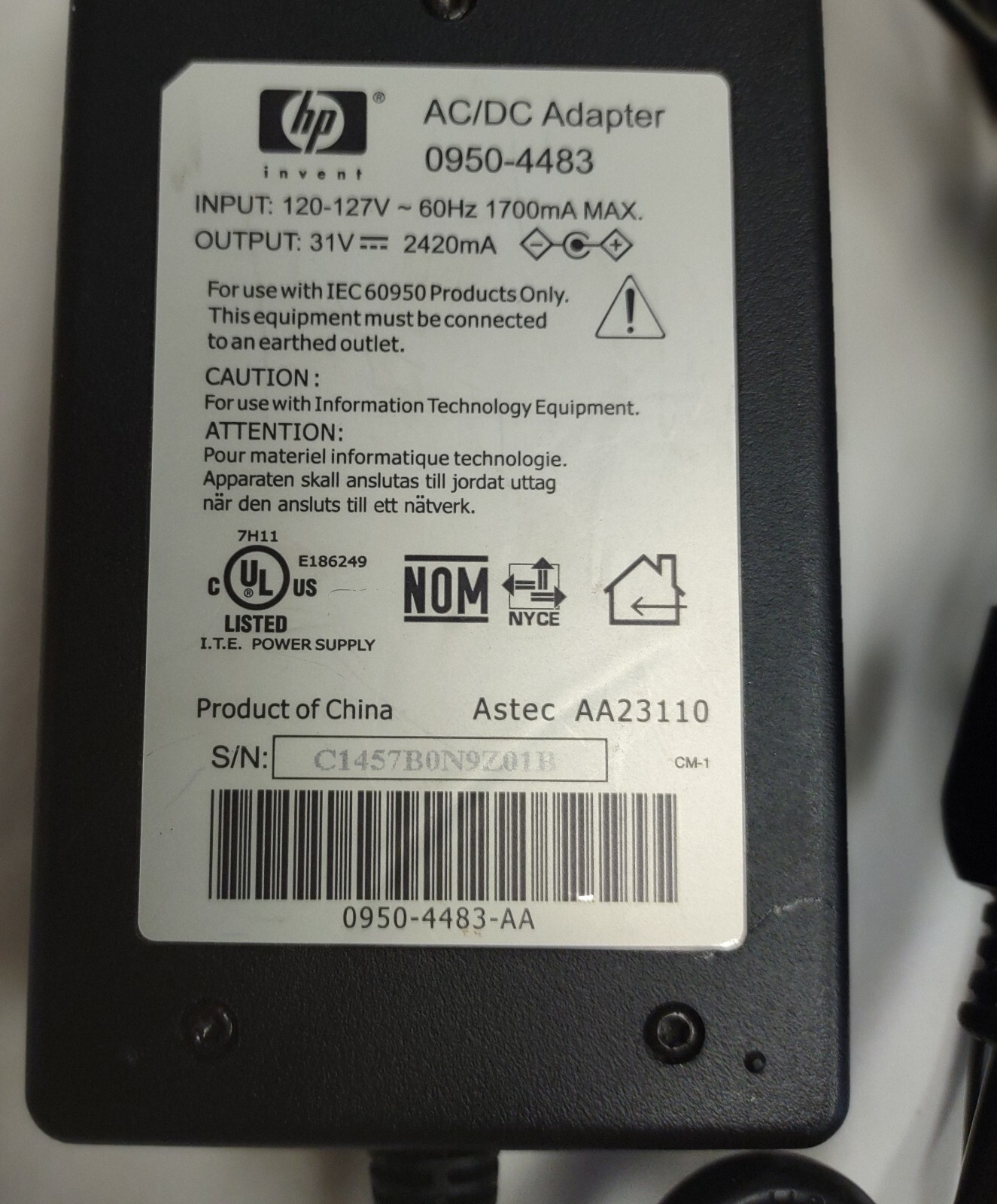 Genuine HP AC/DC Adapter 0950-4483 Printer Power Supply Cord DC 31V/2420 mA