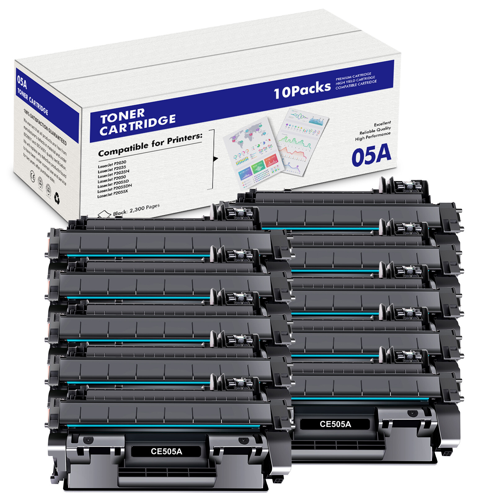 10Pack CE505A 05A Toner Cartridge Fits for HP LaserJet P2035N P2050 P2055X P2030