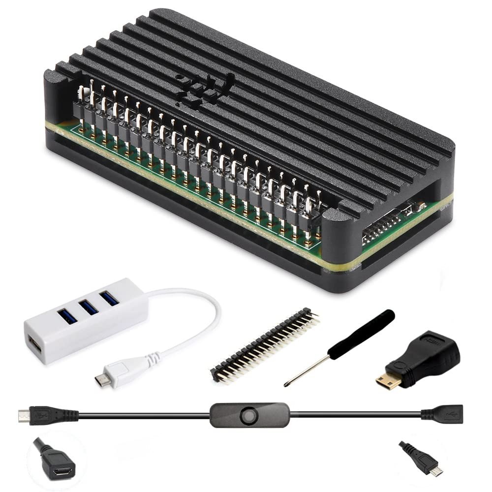 iUniker Pi Zero Aluminum Case Kit with Pin Header, OTG Hub, HDMI Adapter, On/...