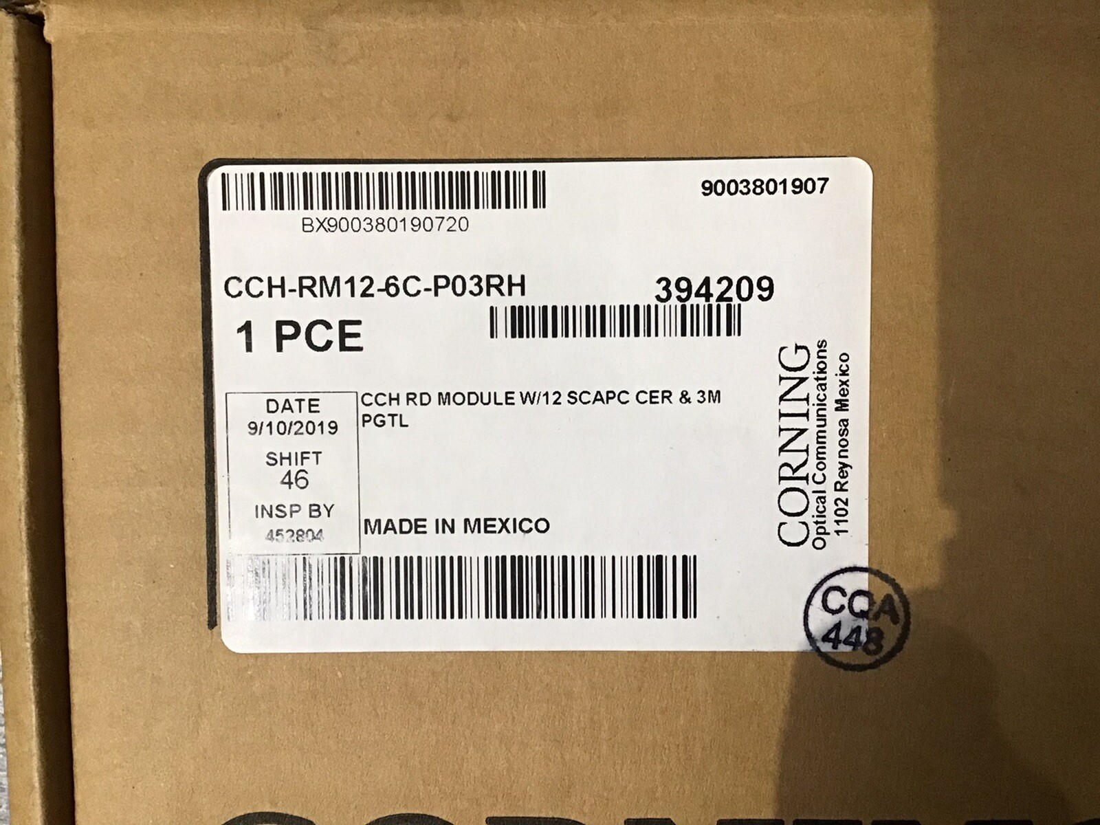 CORNING CCH-RM12-6C-P03RH Panel, pigtailed, SC connectors