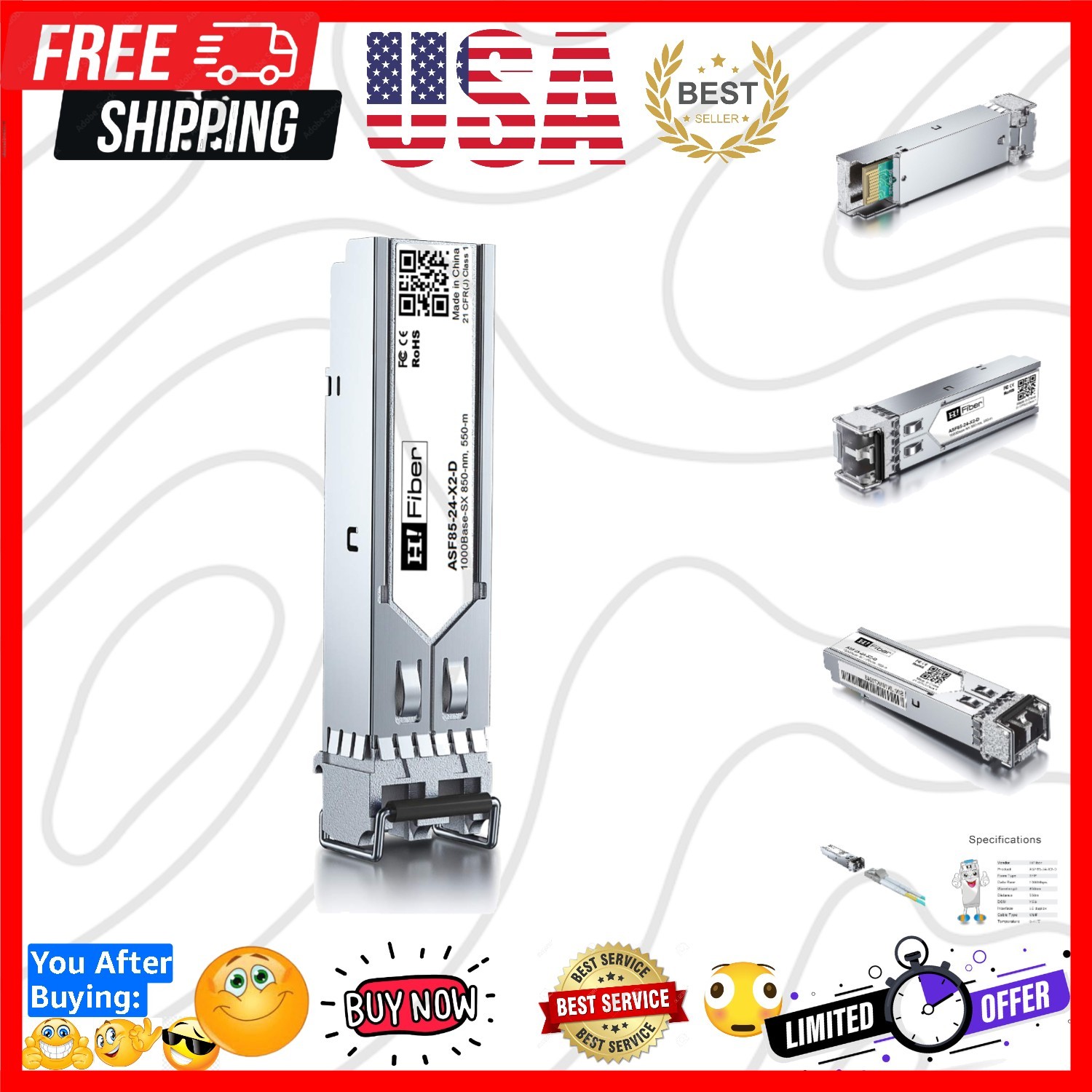 HFiber 1.25G Multimode SFP LC Module, 1000Base-SX Gigabit Fiber Transceiver ...