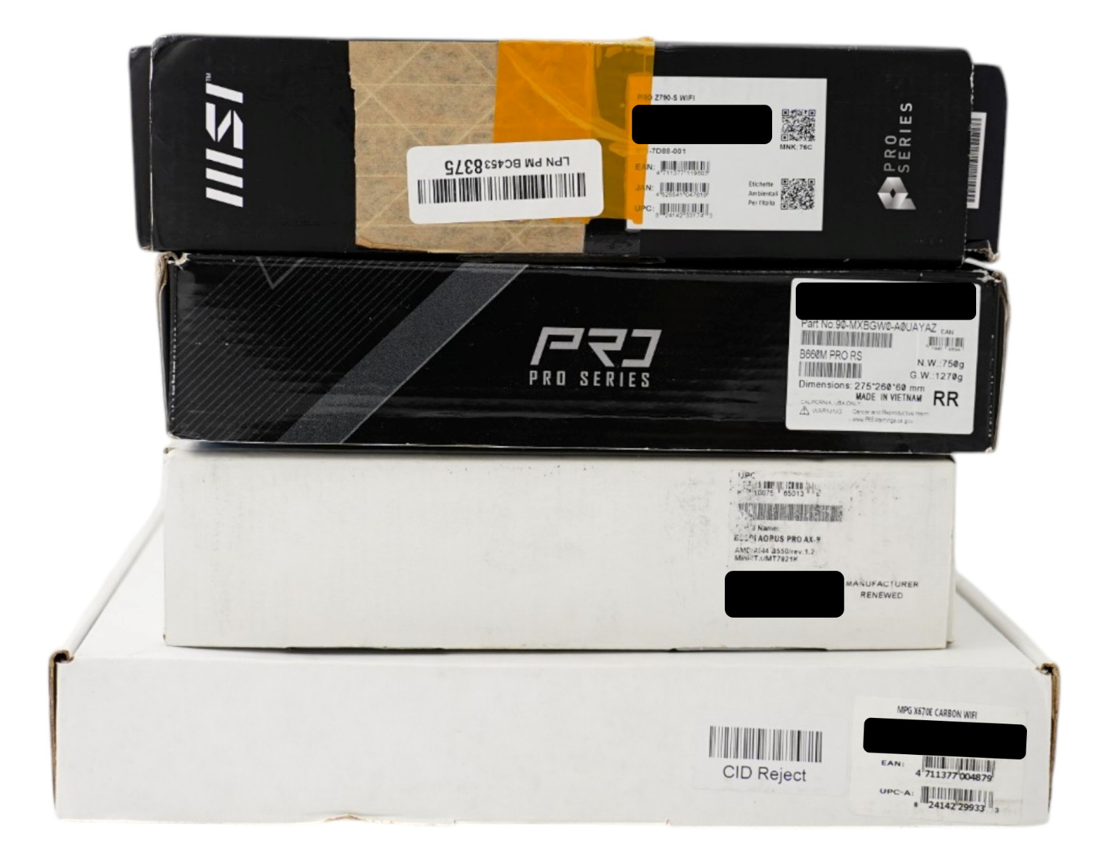 PARTS - MSI PRO Z790-S, ASRock B660M Pro RS, B550I AORUS PRO AX, MSI MPG X670E