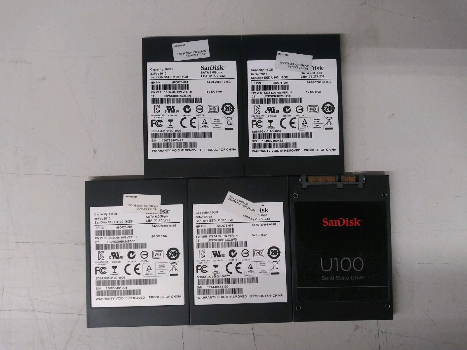 Lot Of 5 SanDisk U100 16GB SSD SATA 2.5" HP P/N 680675-001/688328-001