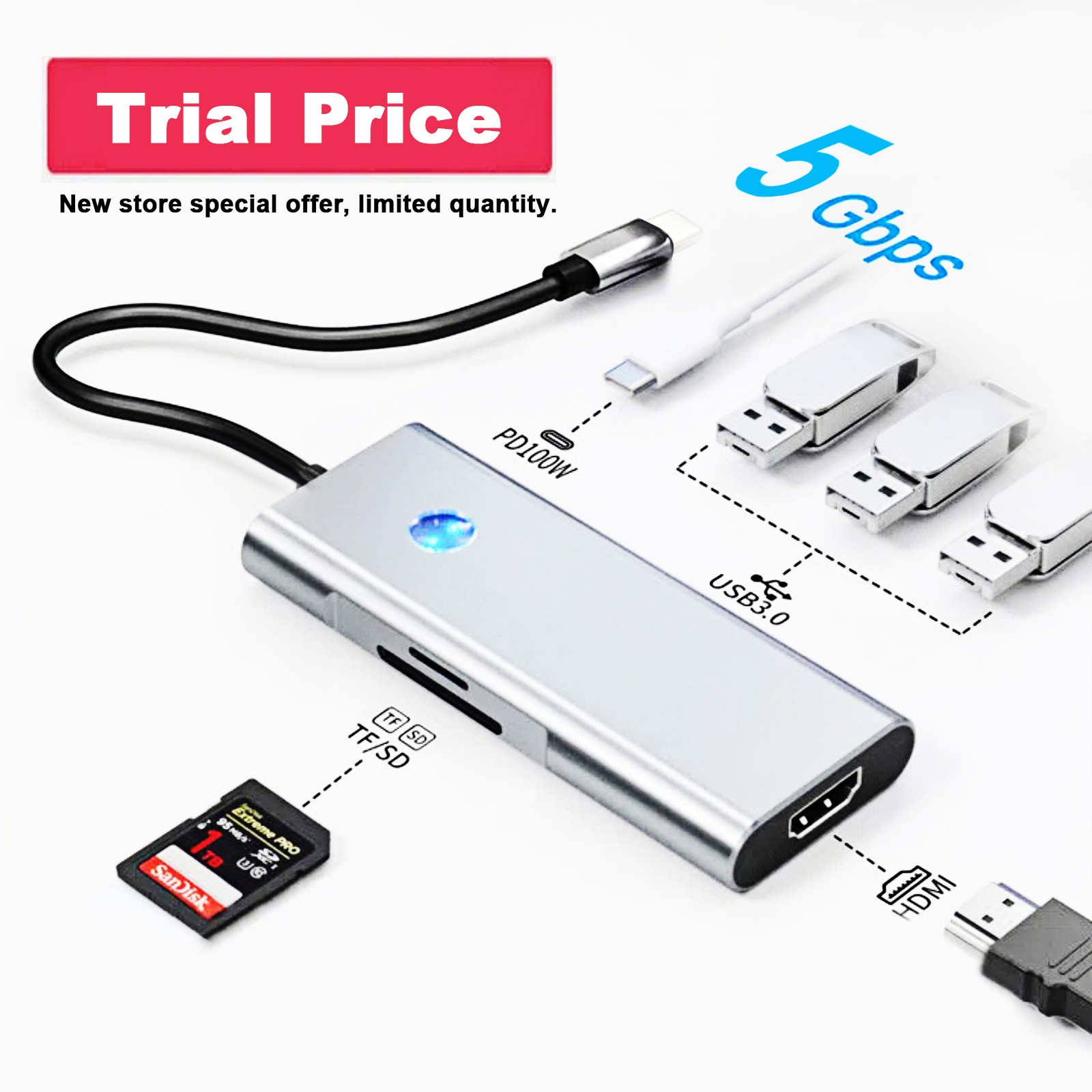 USB C Hub To USB 3.0 5Gbps,Type C Hub HDMI 4K@60HZ SD/TF 100W PD For Macbook PC