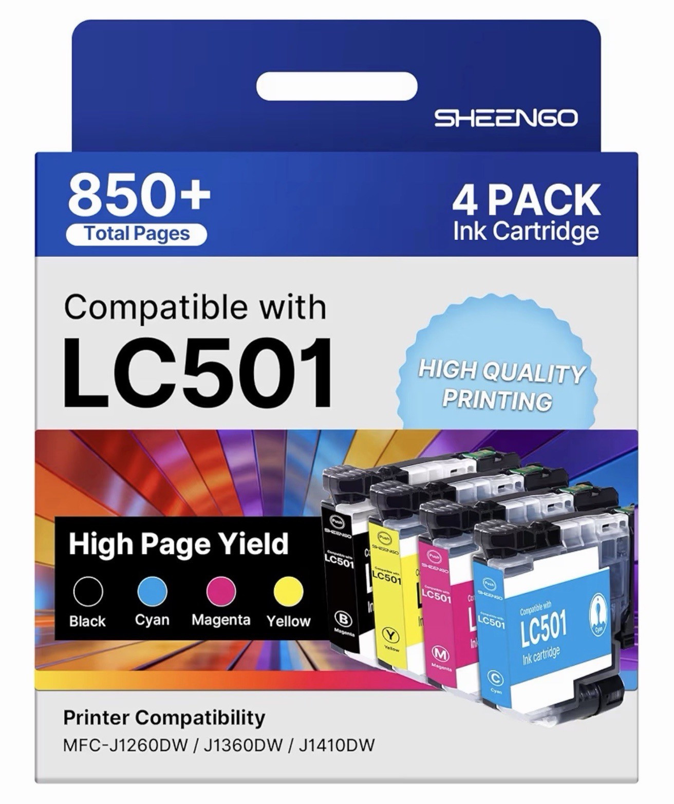 SHEENGO LC501 Compatible Inkjet Ink Cartridges 4-Pack BK/C/M/Y for Brother