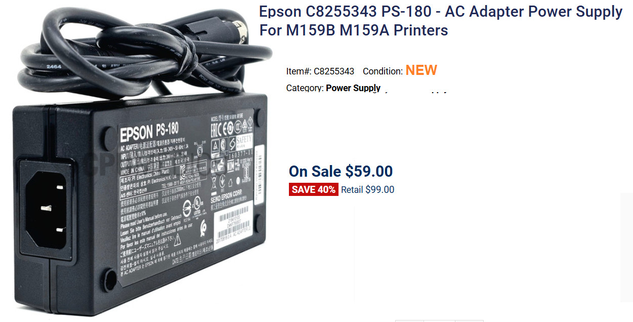 Genuine Epson PS-180 AC Adapter Power Supply C8255343 M159E Printers & POS