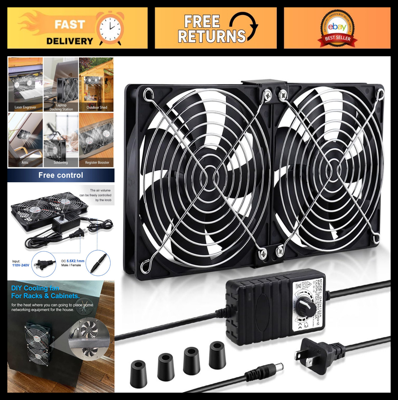 2 Pack 120mm 240mm AC Plug Computer Cabinet Fans - 110V 240V Cooling Solutions