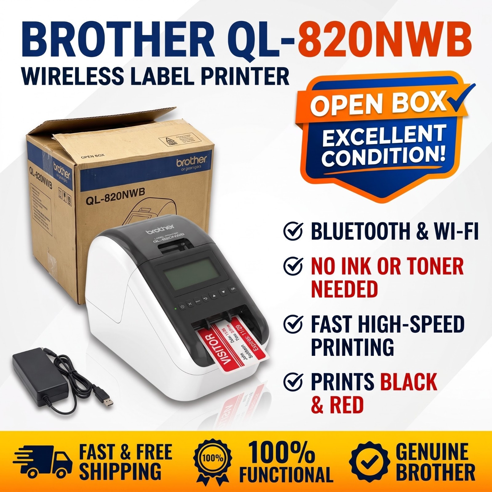 ​Brother QL-820NWB Wireless Thermal Label Printer Bluetooth Network - Open Box