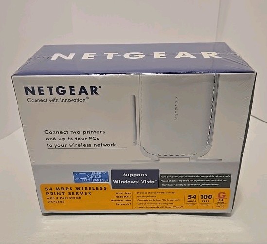 NETGEAR WGPS606 54 Mbps Wireless Print Server With 4 Port Switch, Sealed.