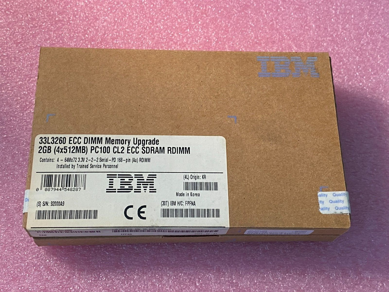 New IBM 33L3260 ECC DIMM Memory 2GB (4x512MB) PC100 168-Pin Kit