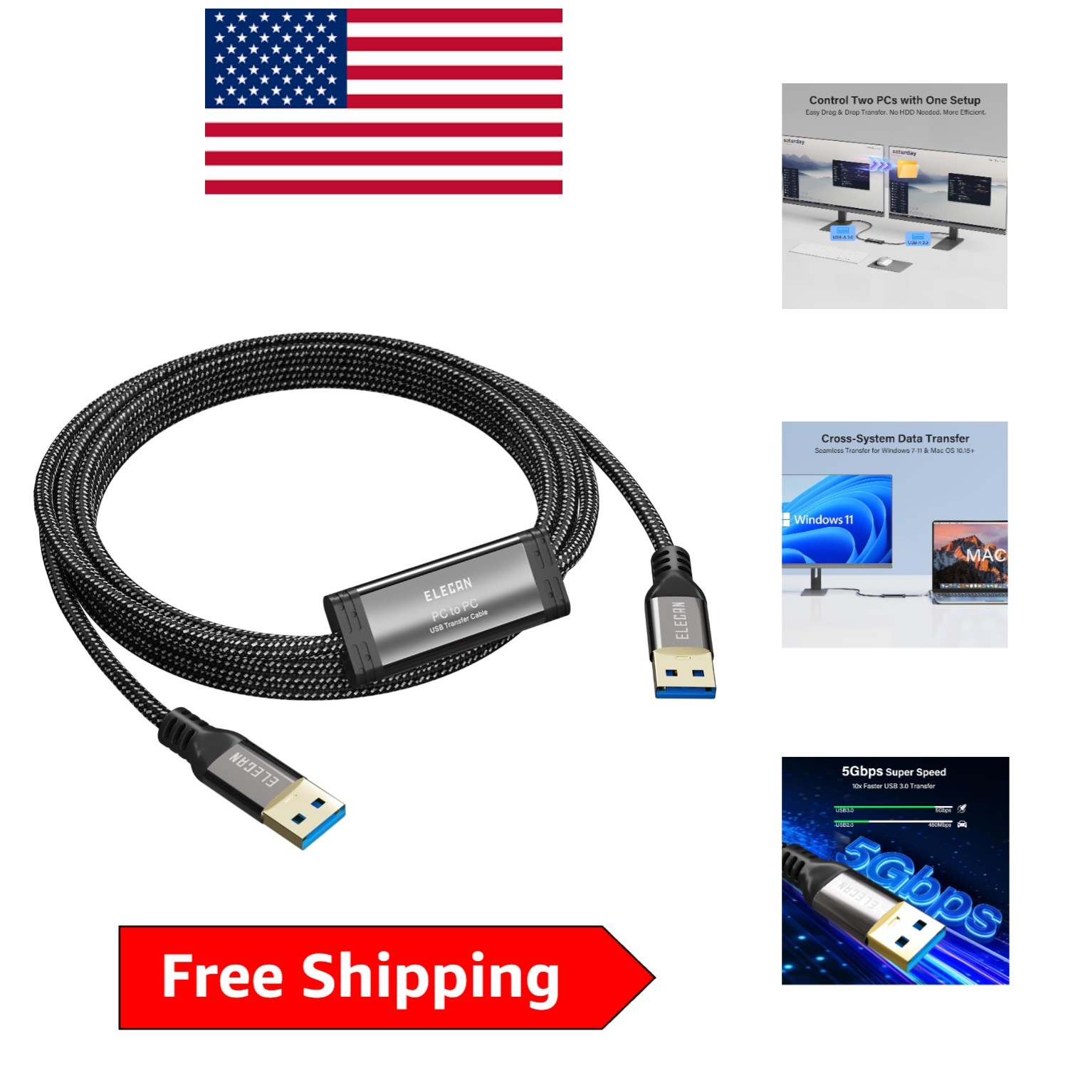 2FT USB 3.0 A-A Cable for Fast File Transfers Between Windows & Mac Systems