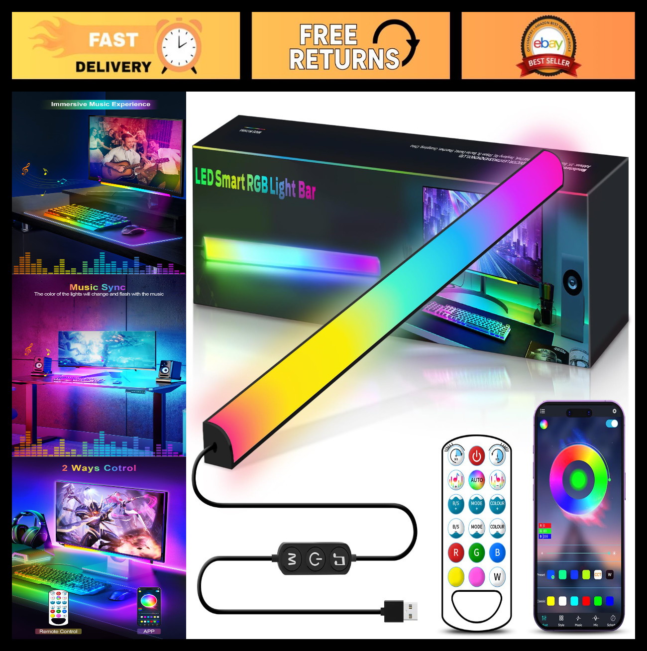 RGB Monitor Light Bar - Dimmable LED Desk Lamp with Dynamic Rainbow Effects, Rem