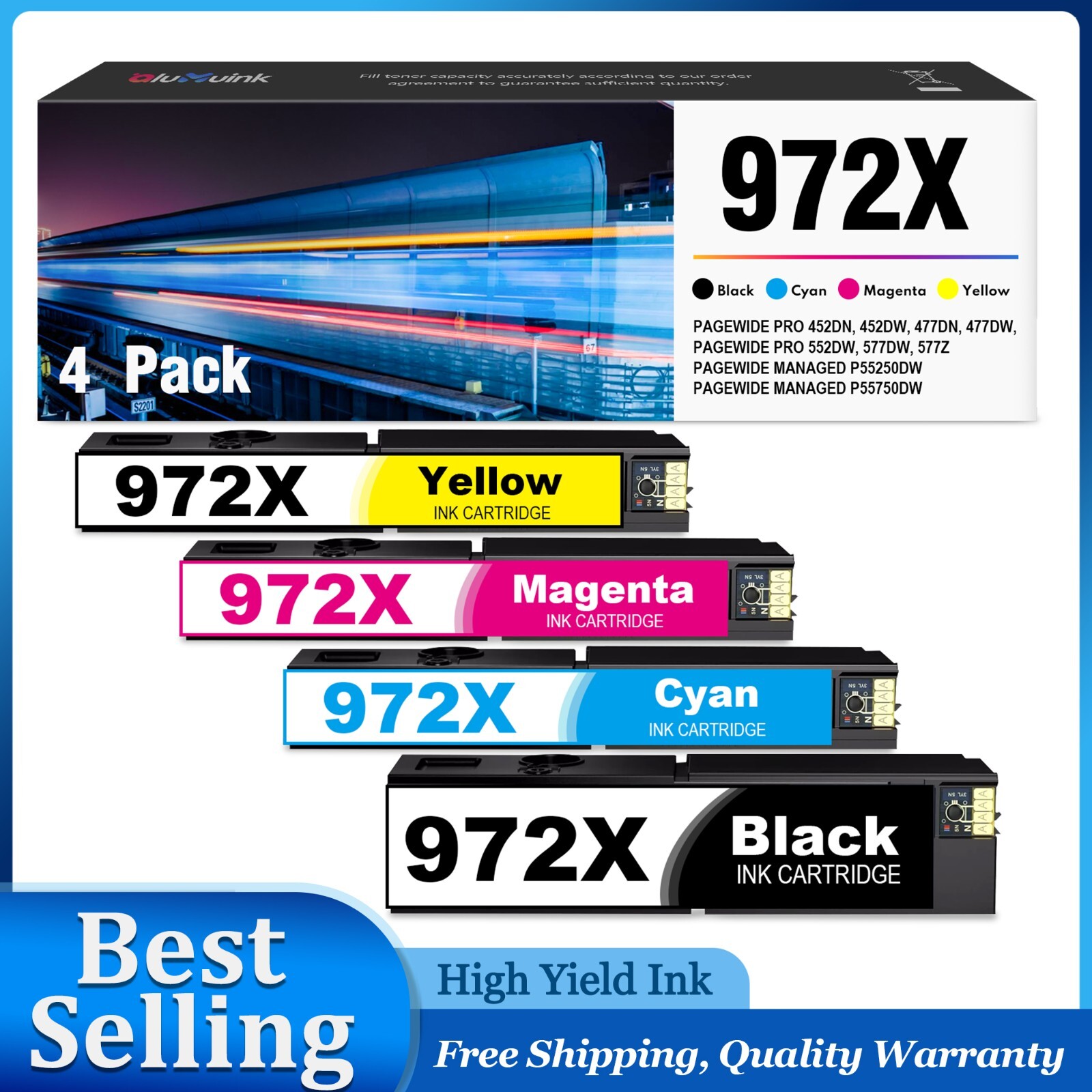 Compatible 972X Ink 4-Pack (B/C/M/Y) for HP PageWide Pro 552dw 577z 577dw 577dw