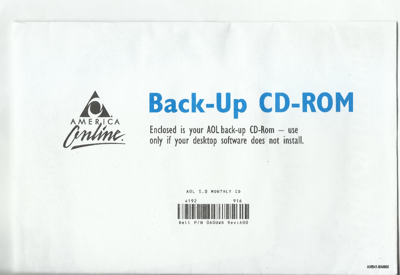 Vintage AOL 5.0 Back-Up CD-ROM Sealed Envelope America Online