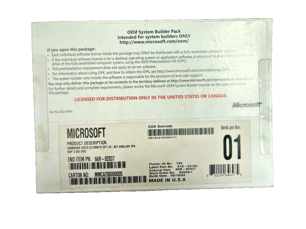 Microsoft Windows Vista Ultimate SP1 32-bit English 3PK DSP 3 OEI DVD - SEALED