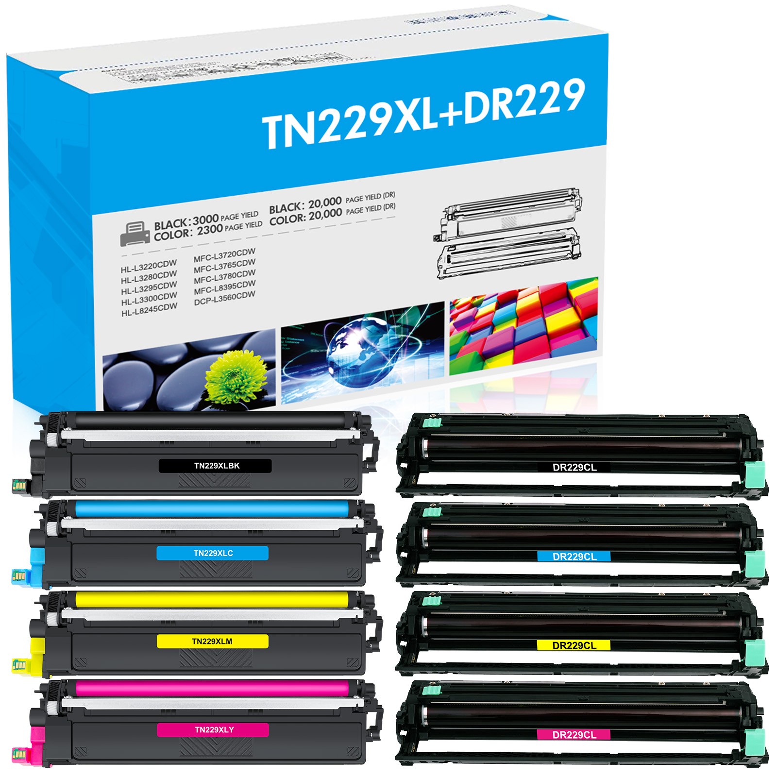 8PK: DR229 Drum Unit+TN229XL Toner Cartridge Compatible with Brother HL-L3220CDW