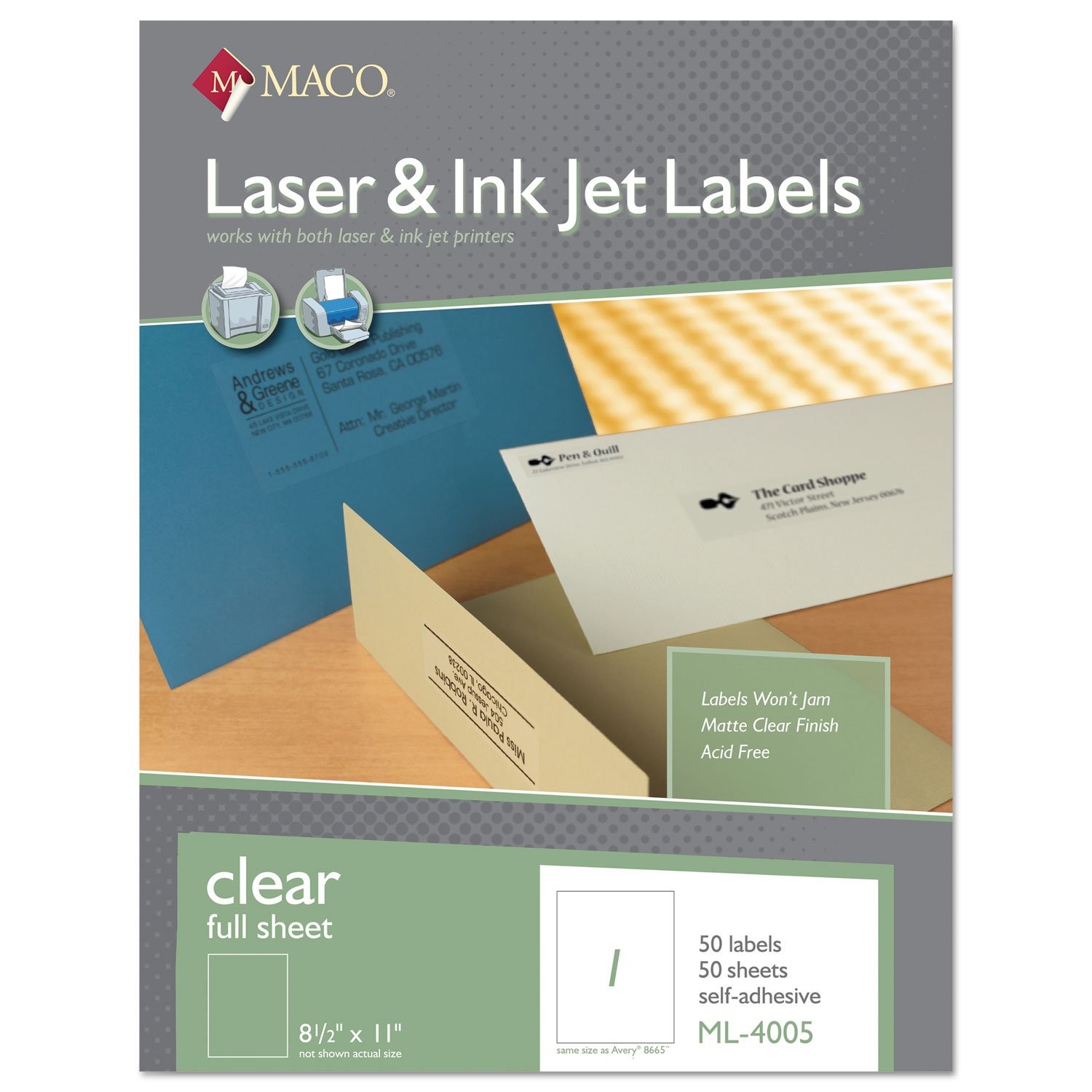 MACO Laser/Ink Jet Glossy Clear Full Sheet Labels, 8-1/2 x 11, 1 per Sheet,...