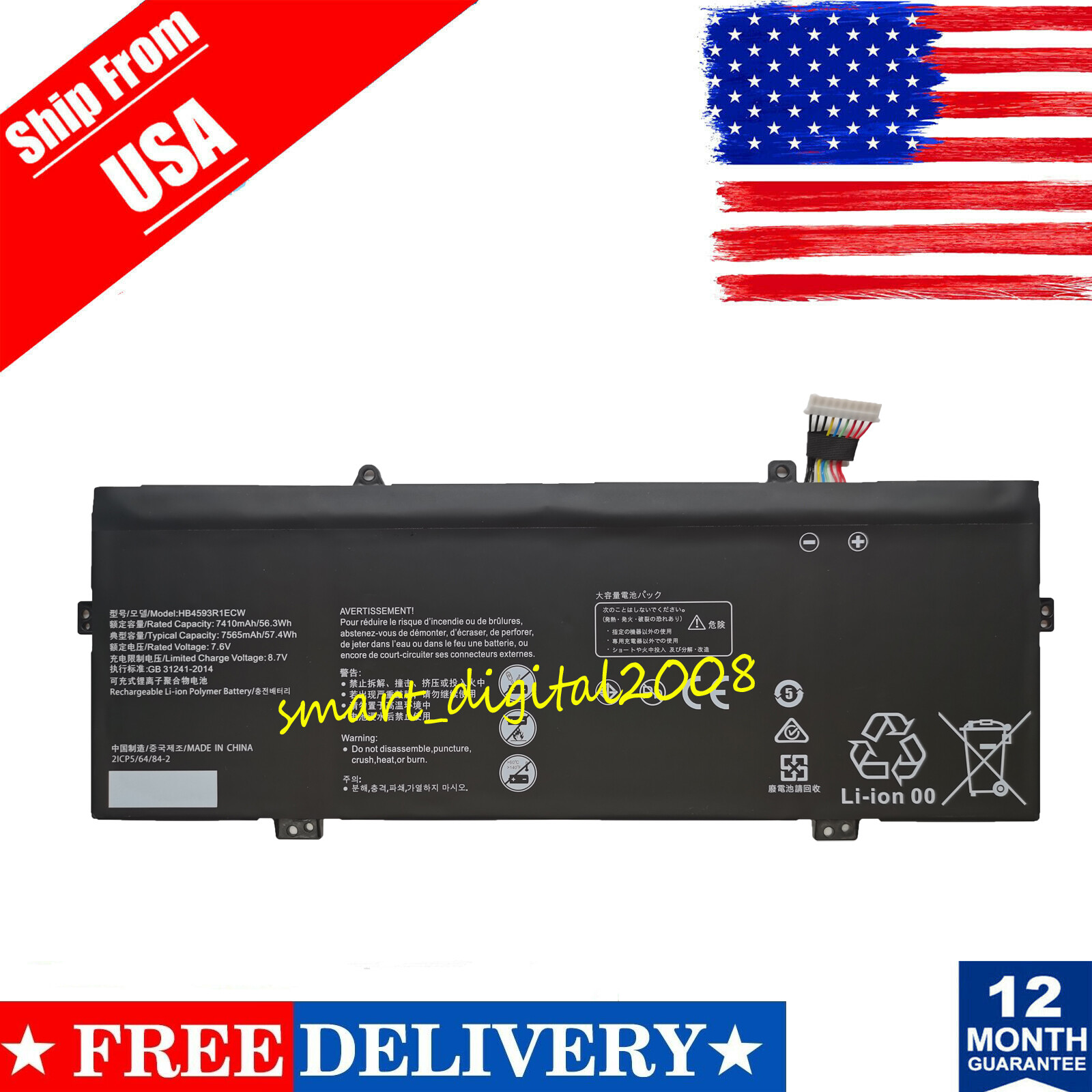 HB4593R1ECW 7.6V 57.4Wh Battery for Huawei Matebook 14" KPL-W00; X PRO MACH-W29C