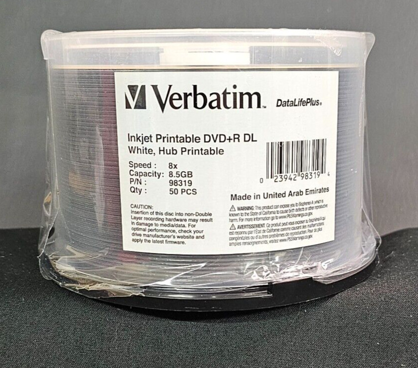 Verbatim DVD+R DL 8.5GB 8X DataLifePlus White Hub InkJet Printable 50 Pack Spind