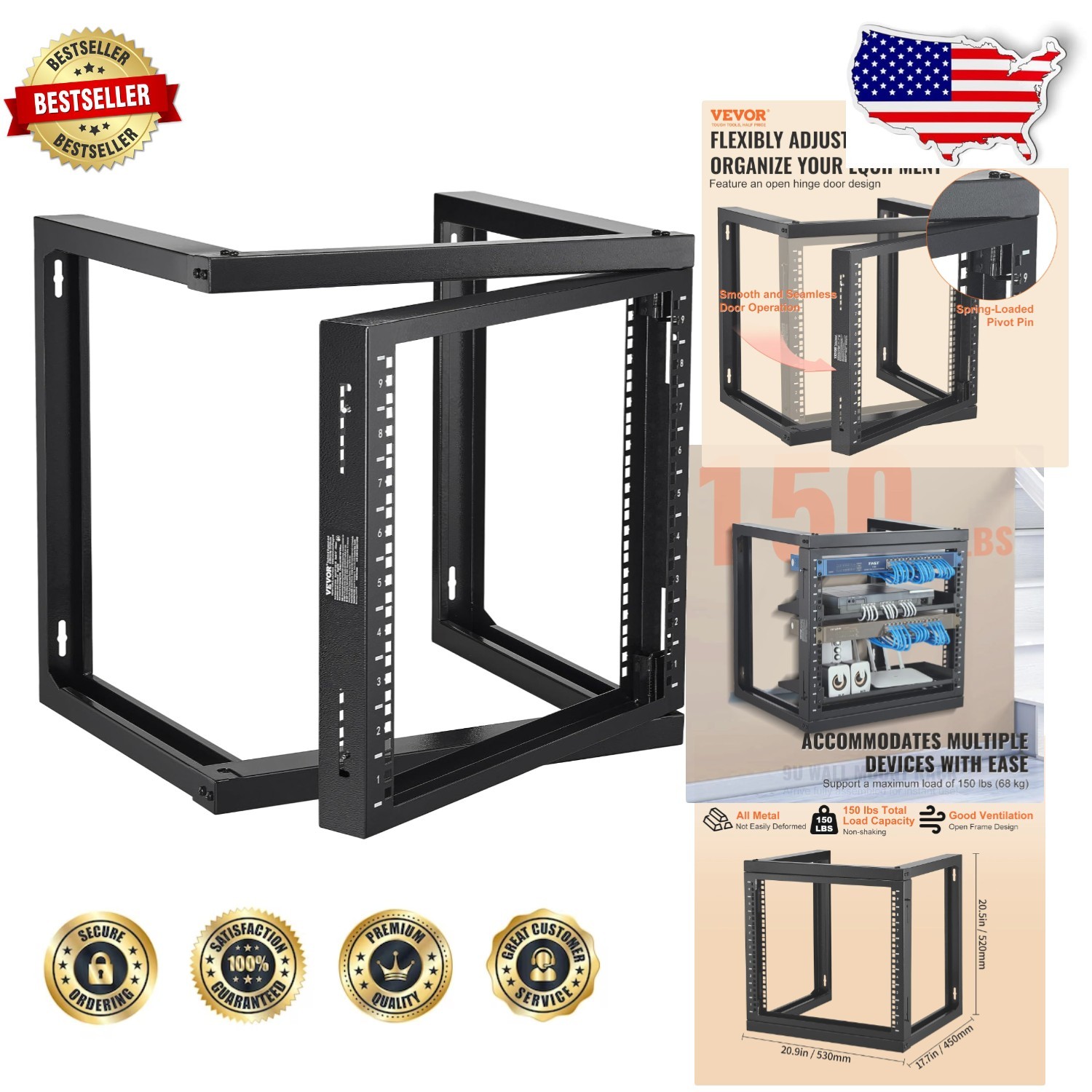 Robust 9U Server Rack 18" Deep Wall Mount 150lb Load Capacity Black Steel