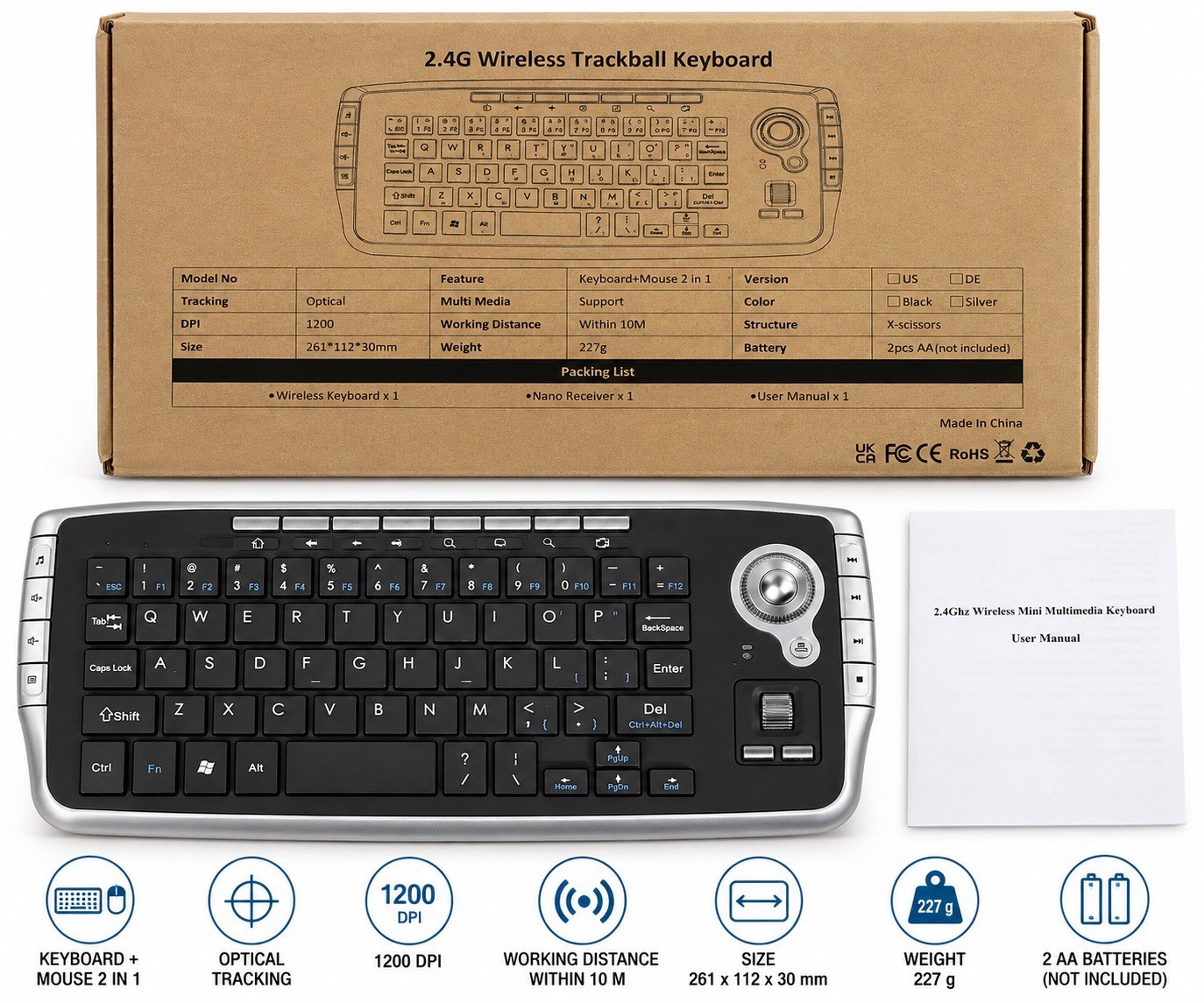 2.4GHz Wireless Mini Trackball Keyboard Mouse 2-in-1 Multimedia USB 1200 DPI