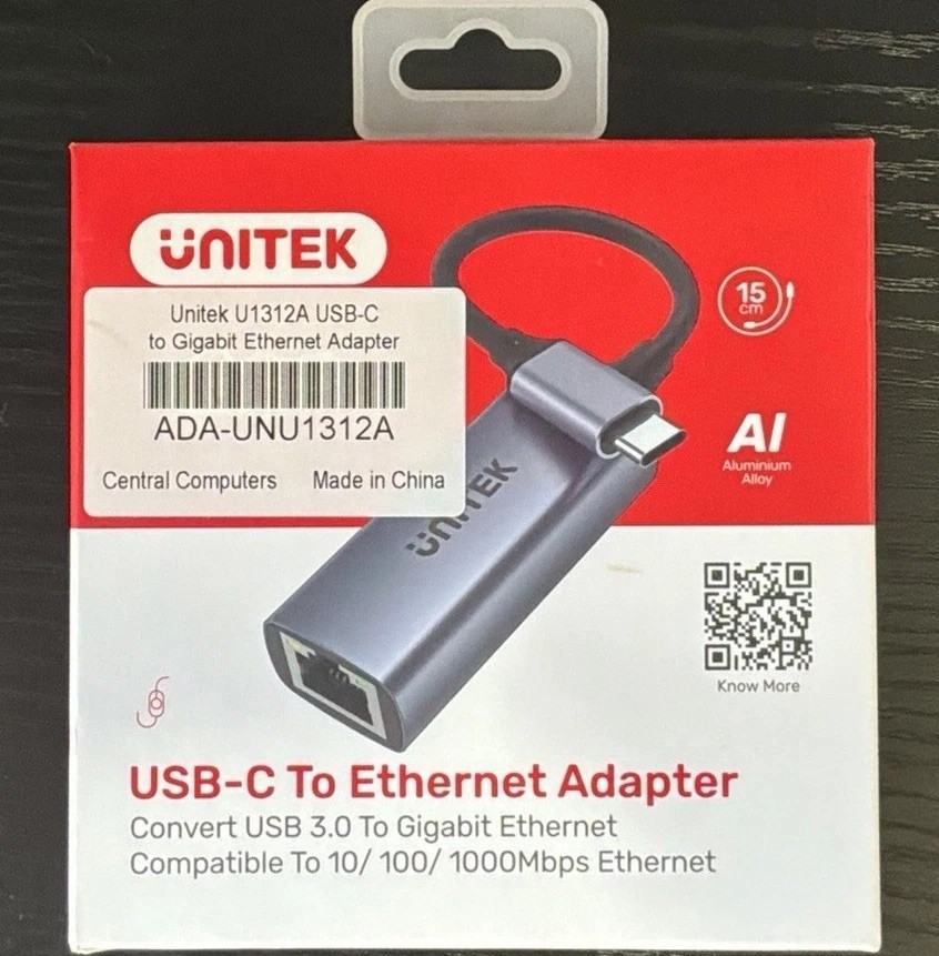 Unitek USB-C to Gigabit Ethernet RJ-45 Female Adapter 15cm Gray Portable