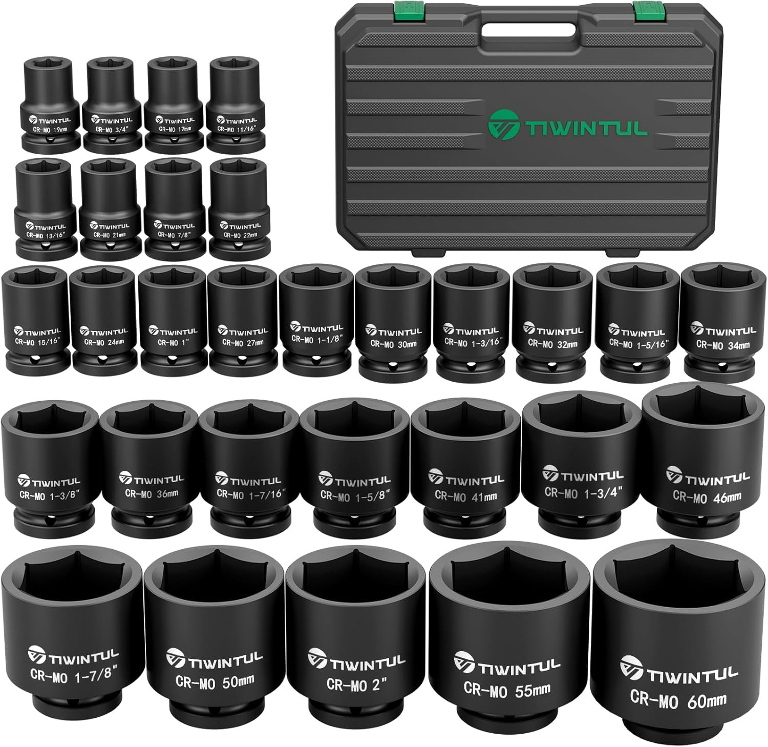 3/4 Inch Drive Impact Socket Set, 6-Point Design, CR-MO Steel, 30 PCS Large Impa
