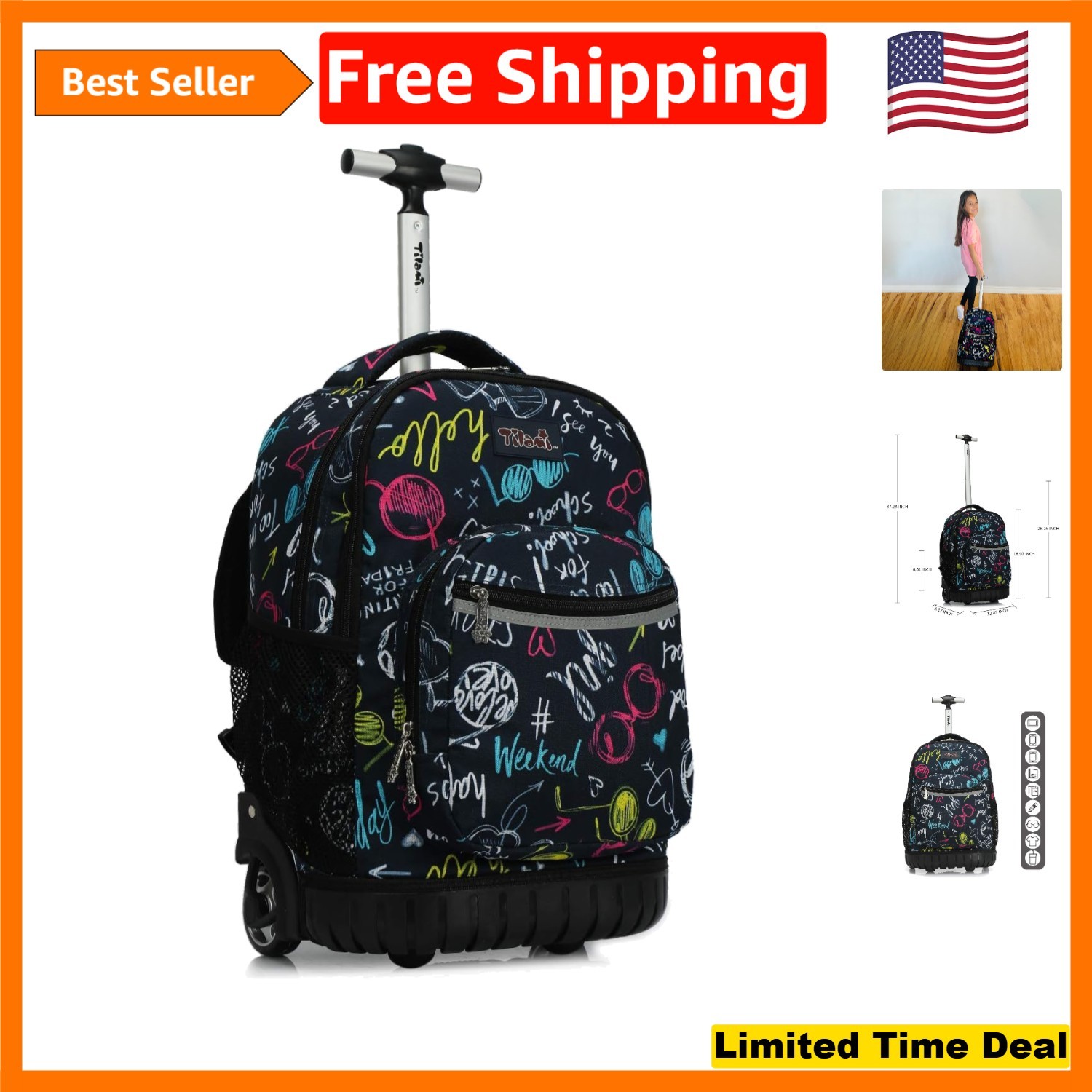19 Inch Rolling Laptop Backpack for Kids - Stylish, Water-Resistant & Ergonomic