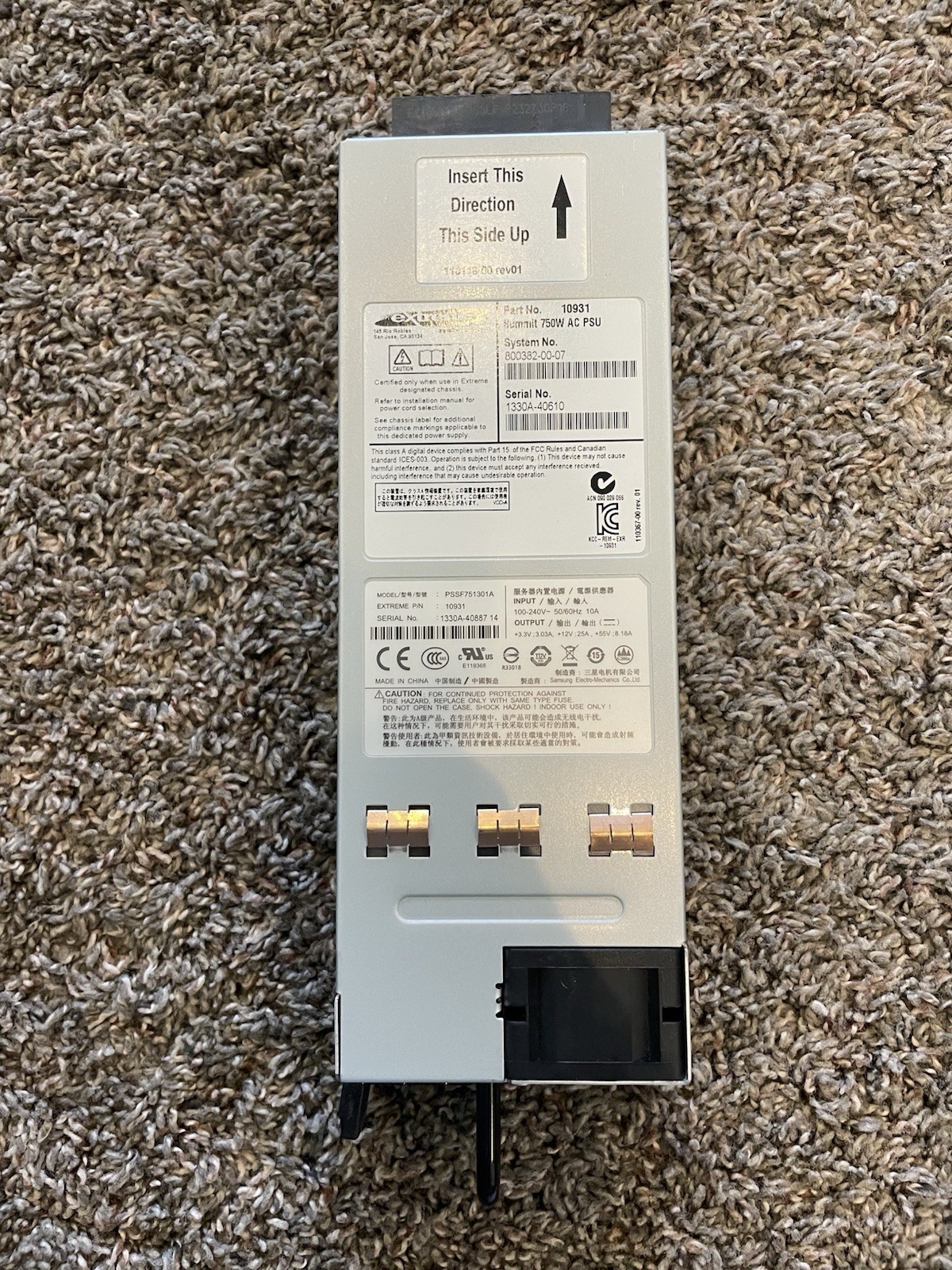 Extreme Networks 10931 PSSF751301A Summit 750W PoE AC Power Supply X460 Series