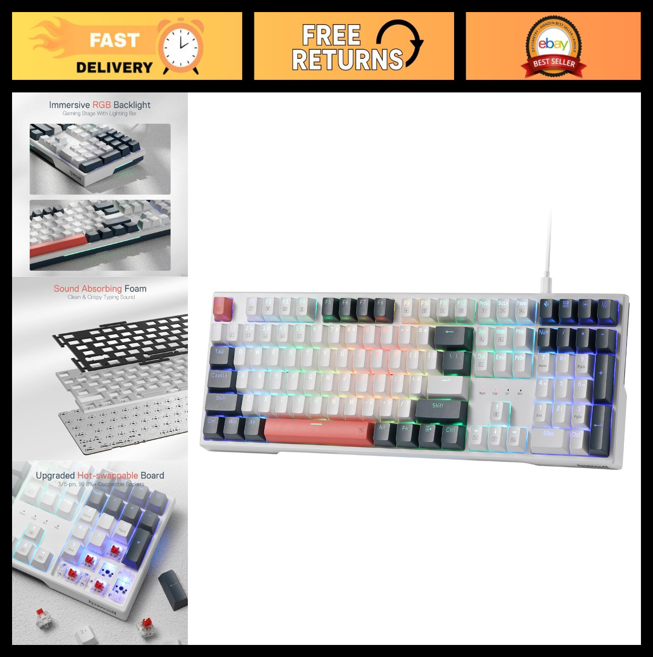 Hot-Swap RGB Gaming Keyboard 108-Key Wired, Extra 4 Programmable Hotkeys