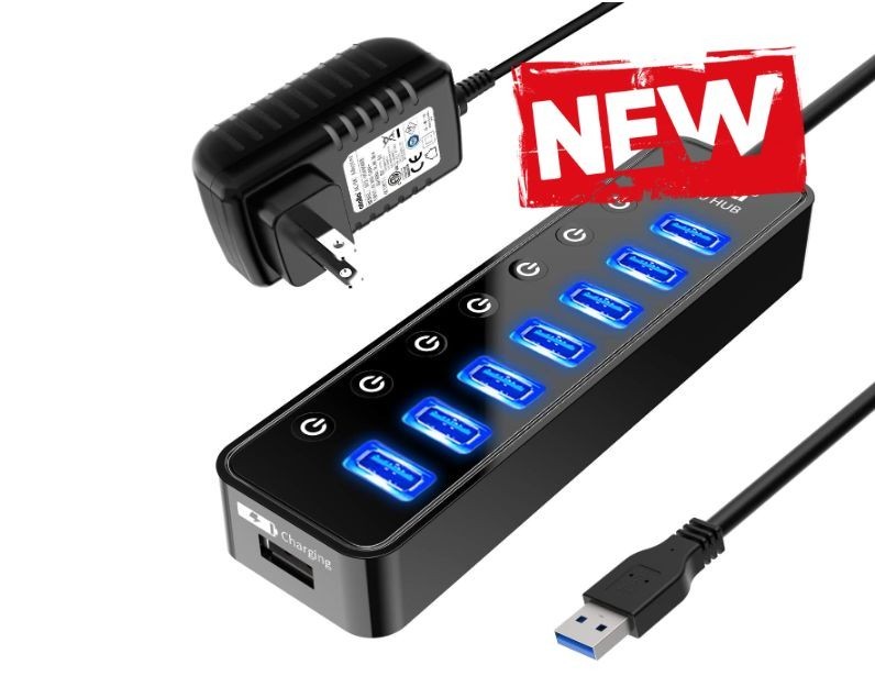 Hub USB 3.0 con alimentación, 7 puertos, carga inteligente y control individual.