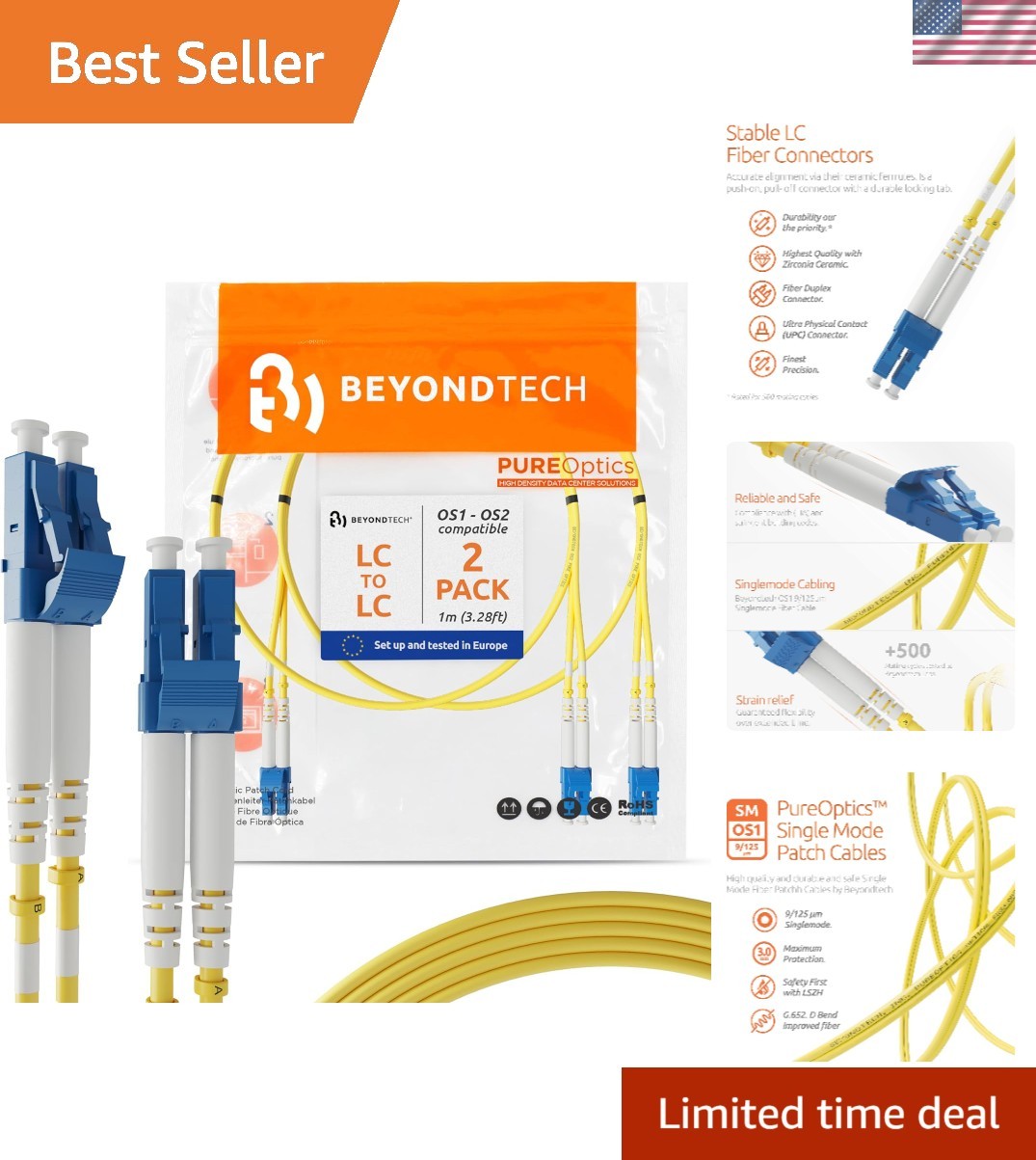Flexible 1m LC to LC Fiber Optic Cable 2-Pack – Ideal for Indoor/Outdoor Use
