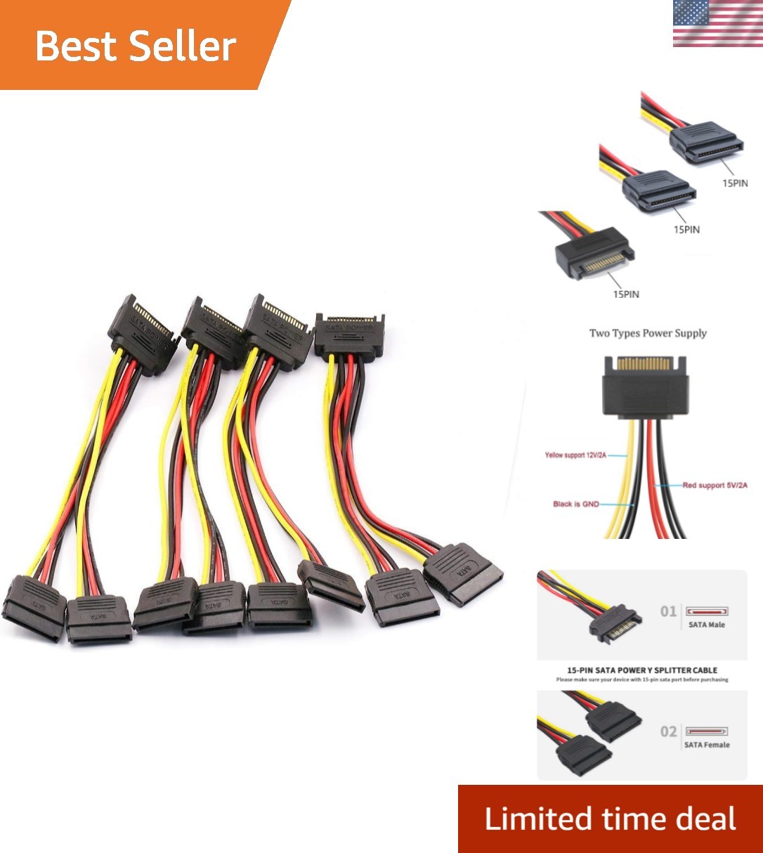 4PCS 8In SATA 15Pin Male to Dual Female Power Splitter Cables