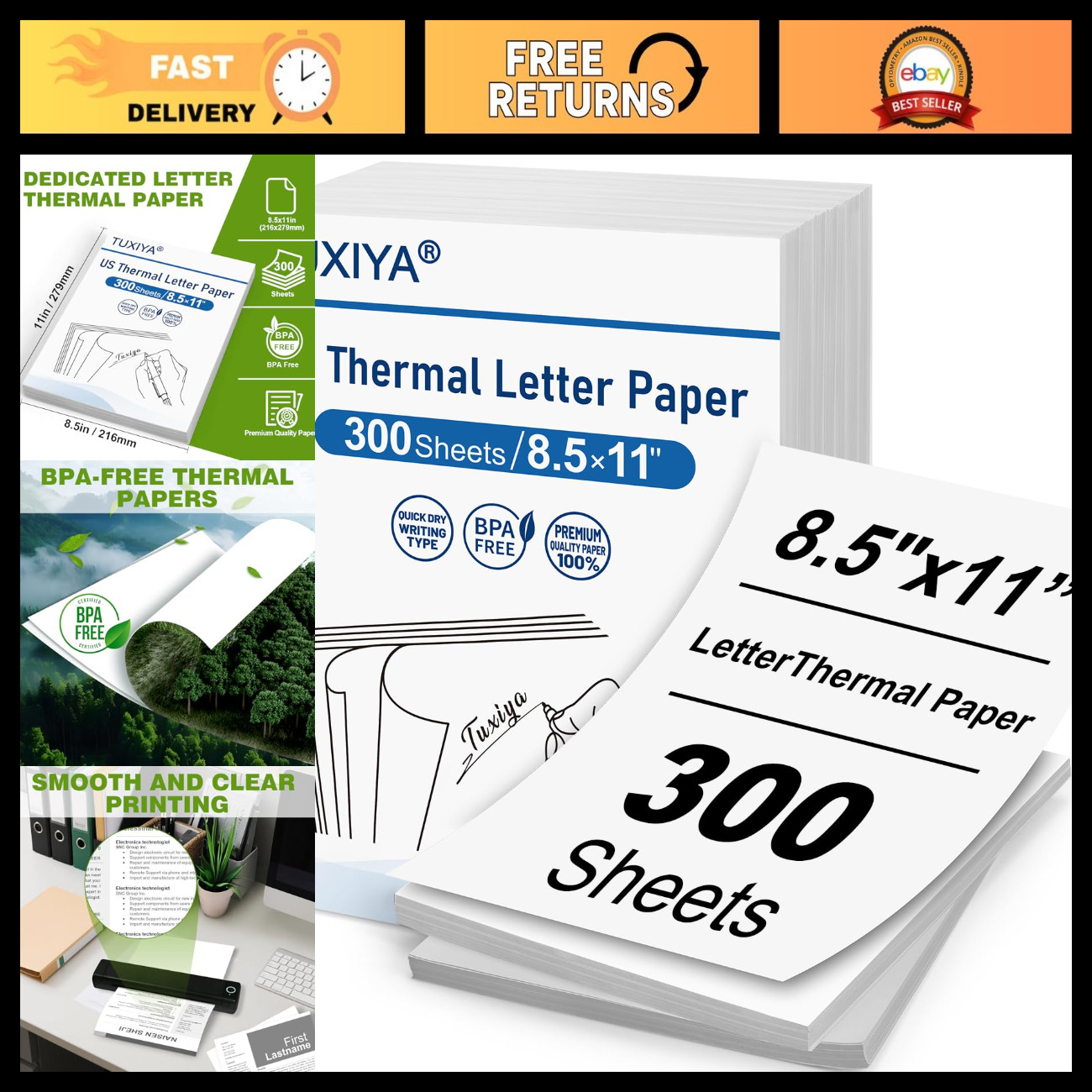 300 Sheets Thermal Printer Paper 8.5"x11" - High Quality, Fast Printing, Compati