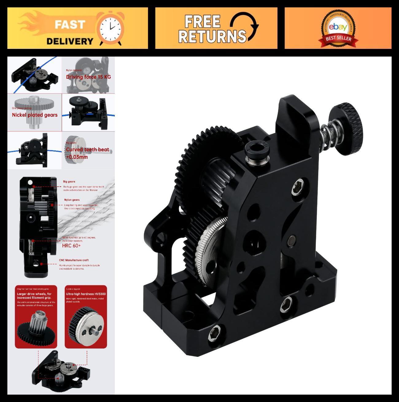 All Metal Hardened Steel Gear Extruder for 3D Printers - Upgrade Parts for Ender