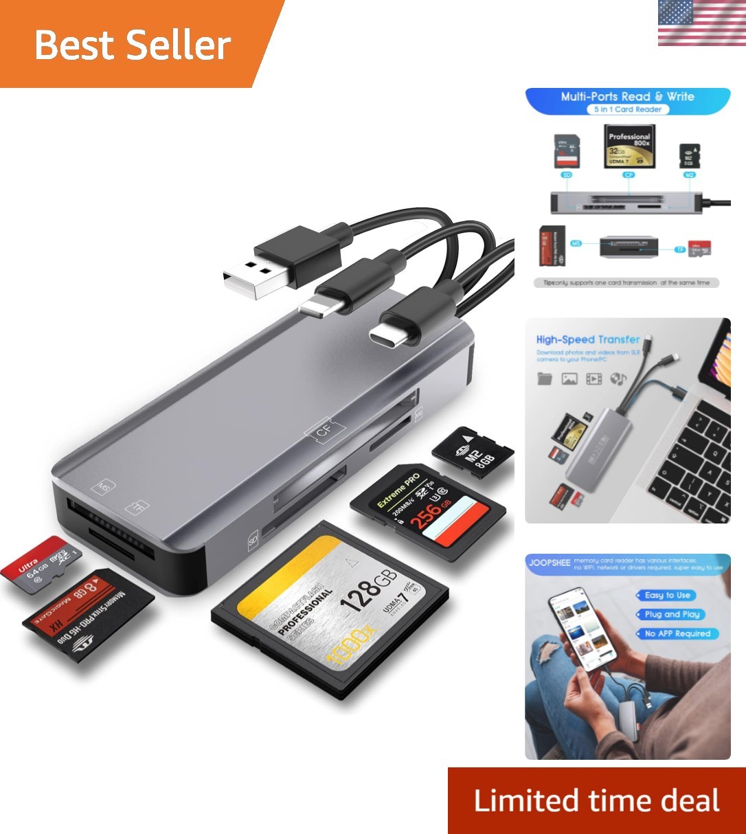 Versatile 5-in-1 Memory Card Reader for Smartphones & Tablets - Durable Design