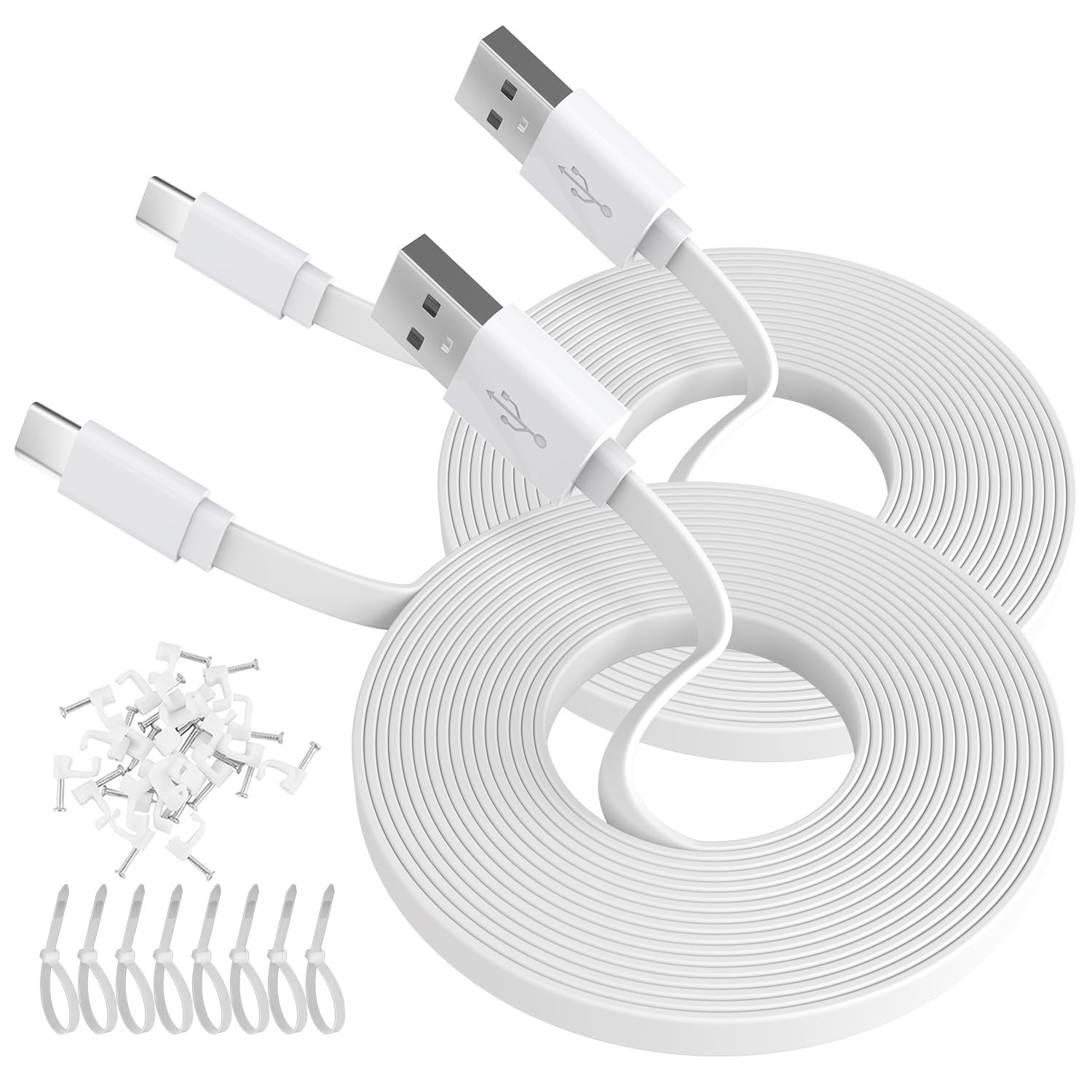 ANLINK 2 Pack 10FT/3M Flat Power Extension Cable for USB-C 2-Pack, White 