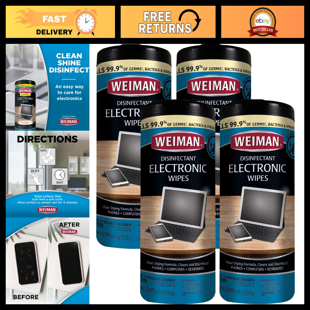 Electronic Screen Cleaner Wipes - 4 Pack for Laptops, TVs & All Devices - 30 Cou