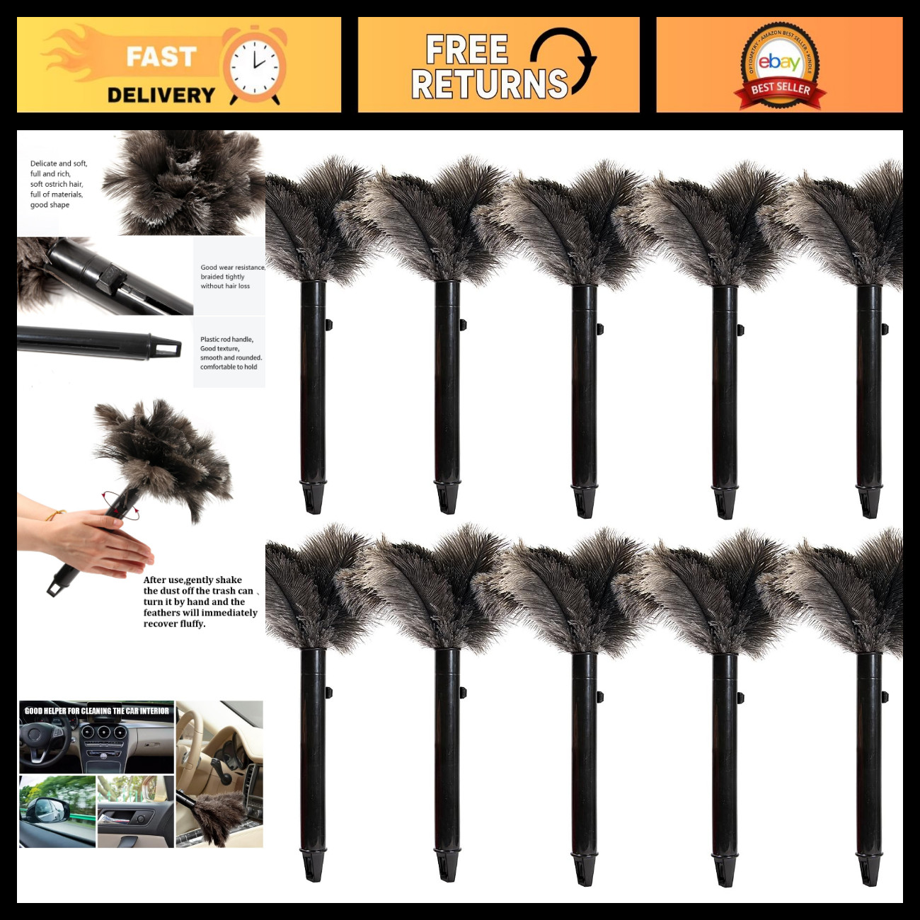 Retractable 15" Ostrich Feather Duster - Eco-Friendly Handheld Cleaning Tool (10